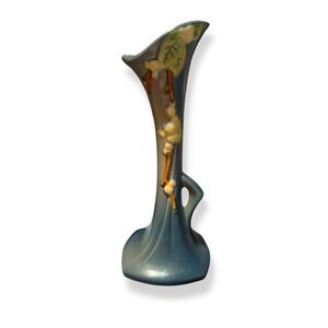 Roseville Pottery Blue Bud Vase Floral Design 8" Tall Vintage USA 1B V7"